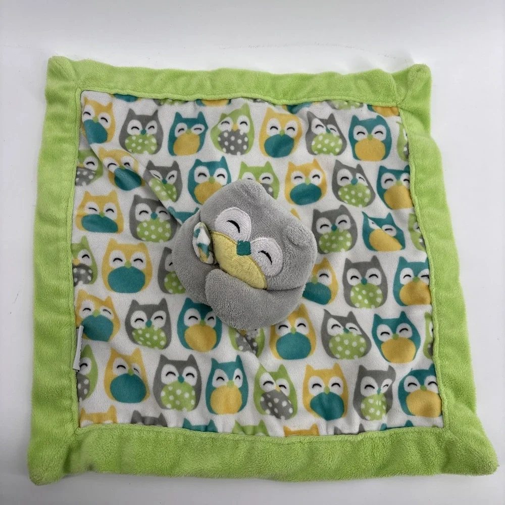 Carters Gray Owl Plush Velour Lovey Security Blanket Green Yellow 14